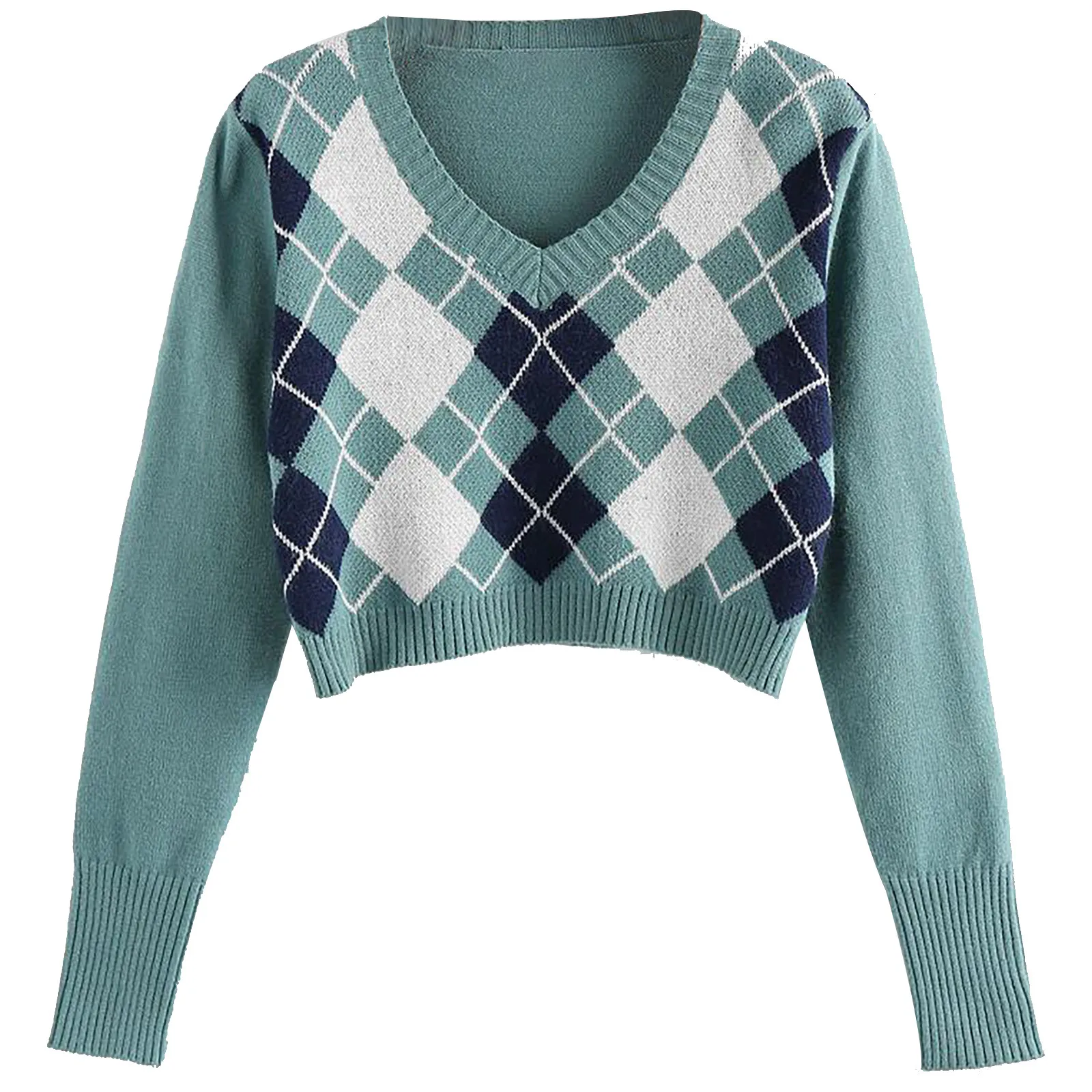 

Women Argyle Crop Sweater V Neck Long Sleeve Pullover Elegant Knit Tops Sweaters Top Fashion Autumn Vintage Geometric Knitwear