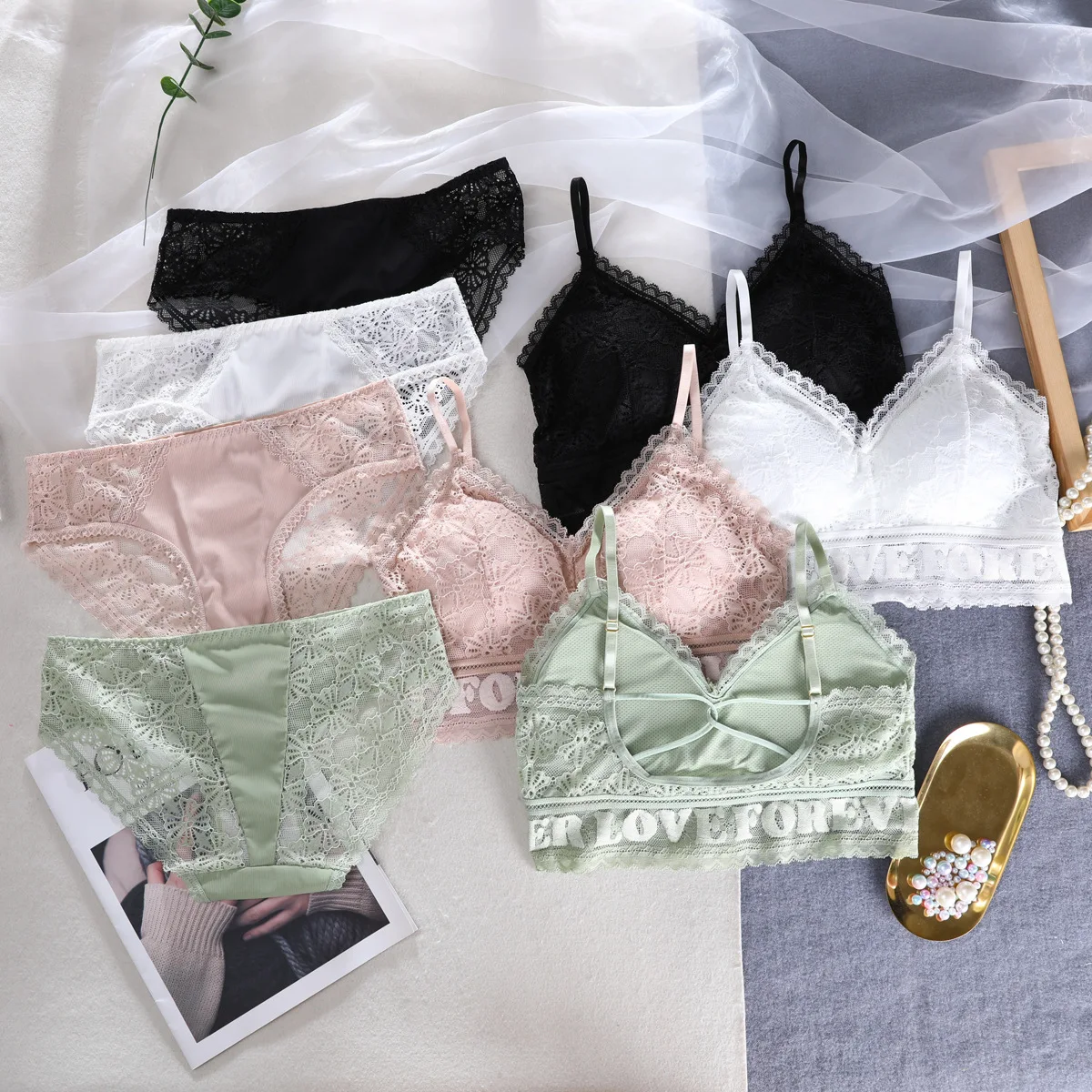 Fashion Sexy Bra set Women's push up Lace Underwear Panties Thin breathable bra Jacquard | Женская одежда