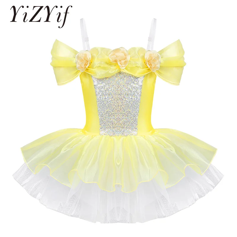 

Tutu Ballet Dress Girls Off Shoulder Design 3D Flowers Ballet Dance Gymnastics Leotard Ballet Tutu Dress Party Princess Costume