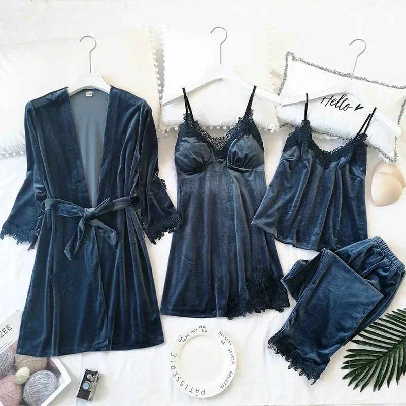 grey blue Женская пижама, сексуальная шнуровка, халат, пижама, золотой бархат, 4 шт., пижамный комплект с длинными рукавами, зимняя теплая Пижама, женский домашний костюм - Цвет: grey blue