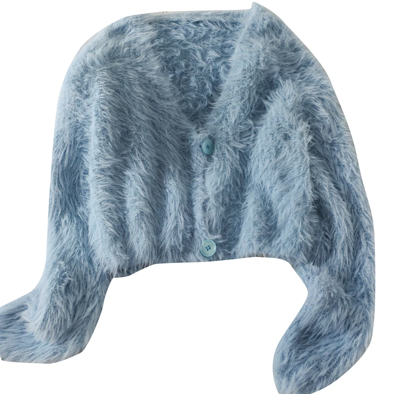 

Autumn new style plush short two-button knitted slim long-sleeved sweater women