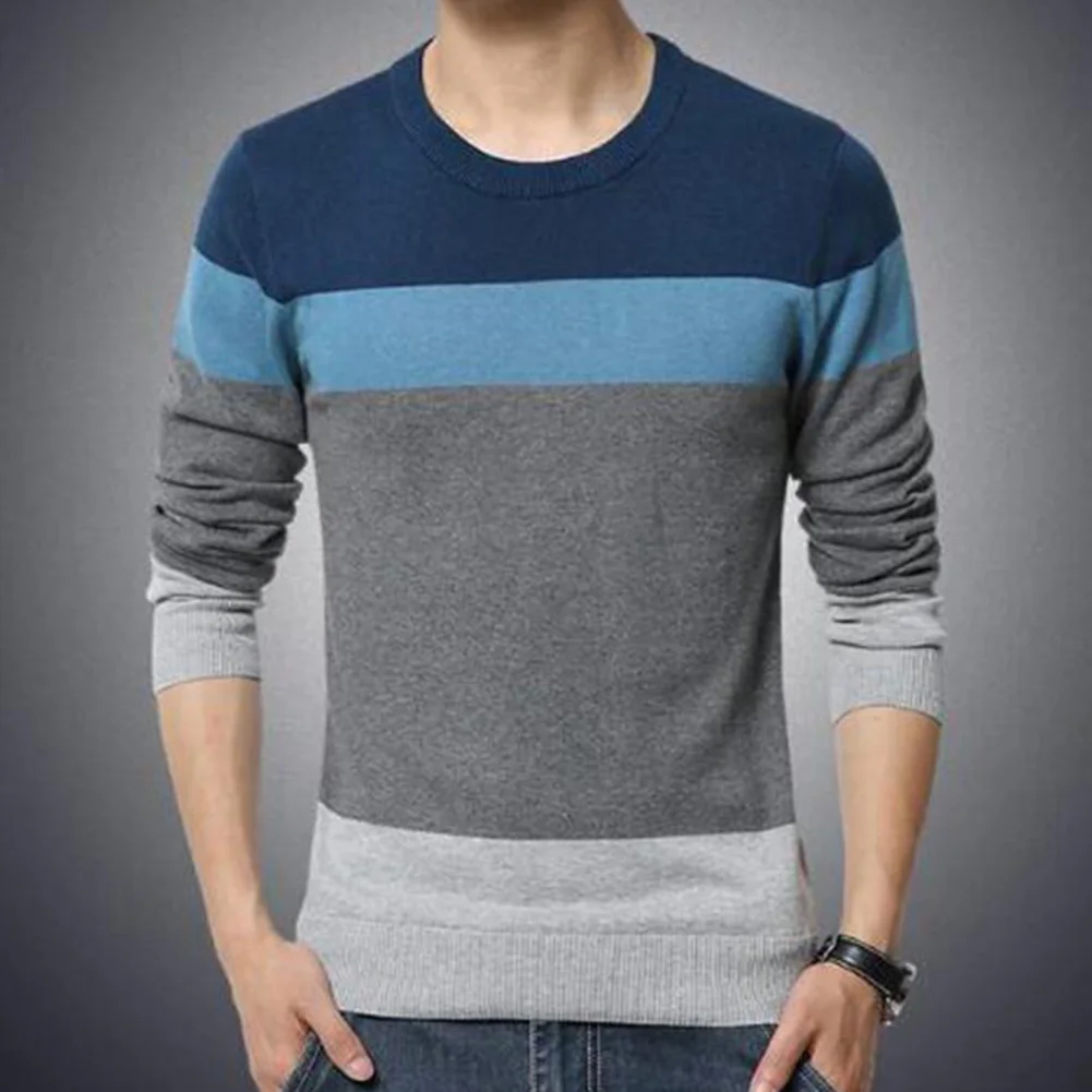 Мужской трикотажный свитер разноцветный пуловер с круглым вырезом и длинными