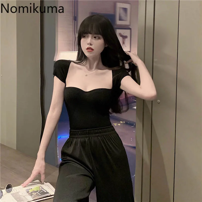 Женская футболка с коротким рукавом Nomikuma однотонная облегающая квадратным