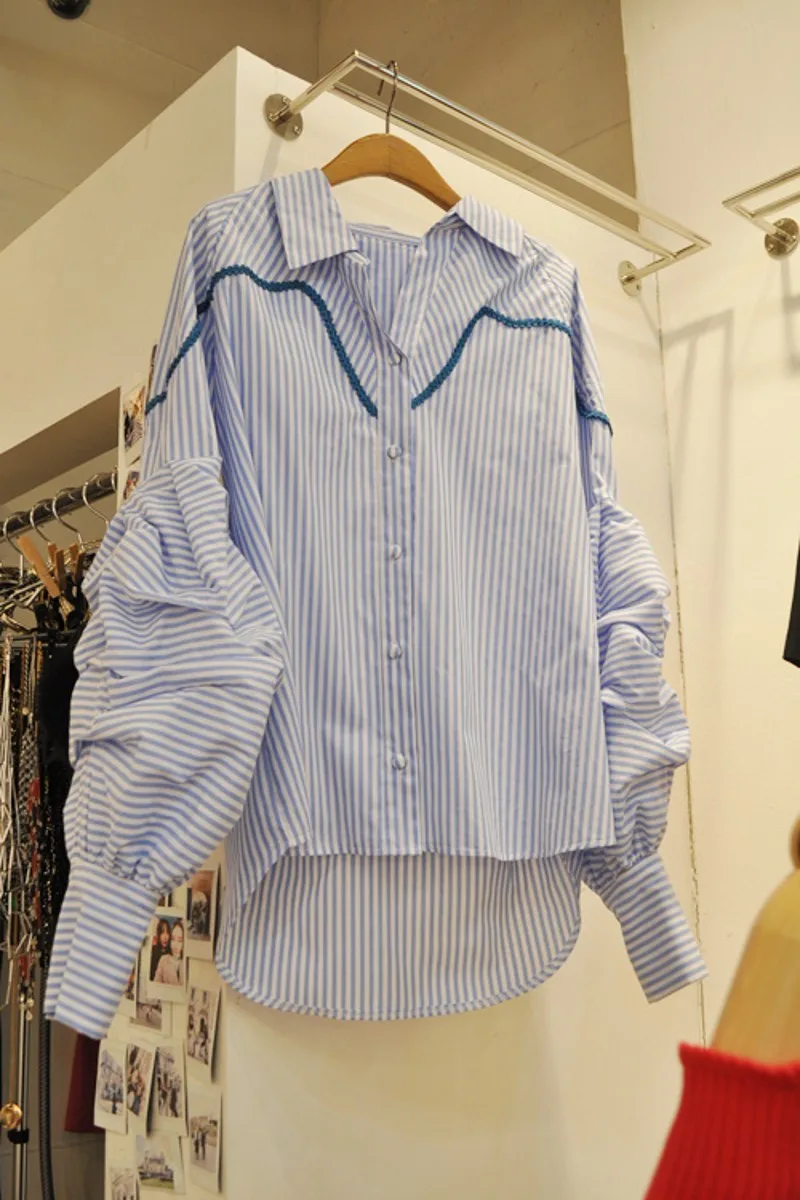 Женские рубашки в синюю полоску лето 2021 новинка v-образный вырез отложной
