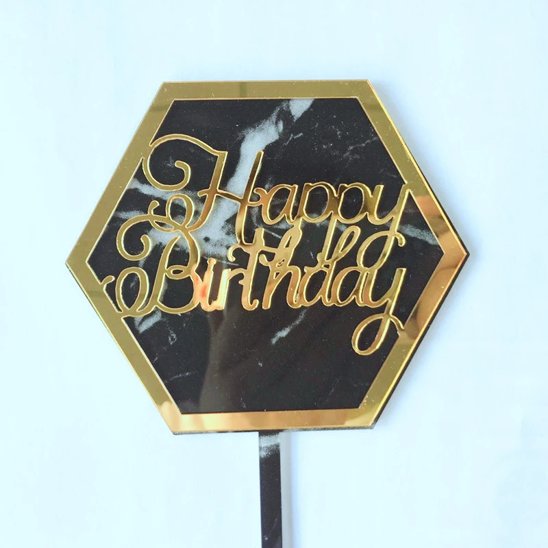 Мраморный акриловый Топпер для торта шестигранный Золотой С Днем Рождения