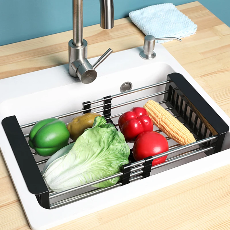 

Kitchen Stainless Steel Sink Drain Rack 304 Dish Drying Rack Dish Insert Storage Organizer Fruit Vegetable Drainer Basket