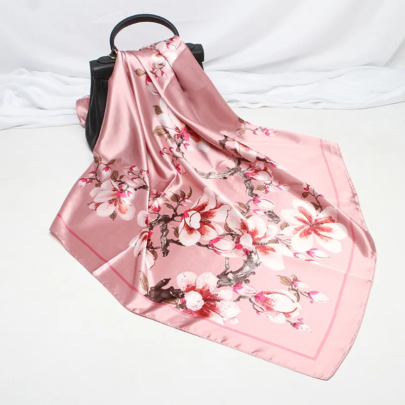 Шарф новый имитация шелка женский лоза голубого цвета с цветочным рисунком