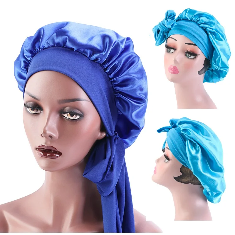 

Women Satin Bonnet Hair Cap With Wide Stretch Ties Long Hair Care Bandana Adjust Hair Styling Cap Night Sleep Hat Head Wrap
