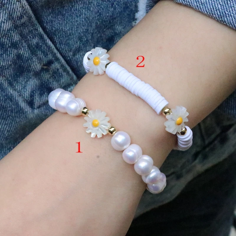 

5Pcs Handmade Natural freshwater baroque pearl White Little Daisy Flower custom Polymer Clay Bohemia bracelet Jewelry Gift