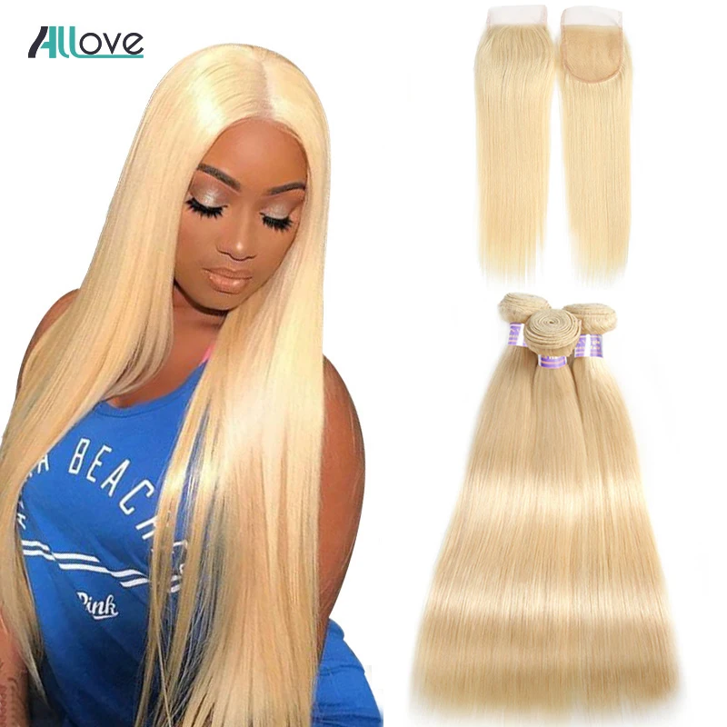 

Allove Blonde Straight Bundles With Closure 613 Bundles With Closure Brazilian Straight Human Hair 3 Bundles With Closure