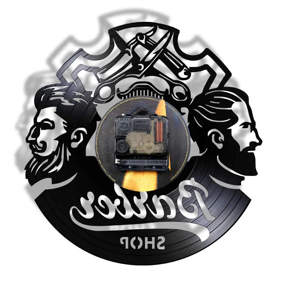 Barber Shop Logo Hair Salon Decor Vintage Vinyl Record Wall Clock Accessories Hairdresser Sign Decorative Watch | Дом и сад