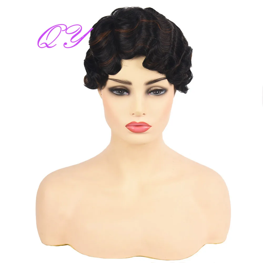 

QY Hair Short Brown Curly Wigs For African American Synthetic High Temperature Fiber Retro fashion Wig