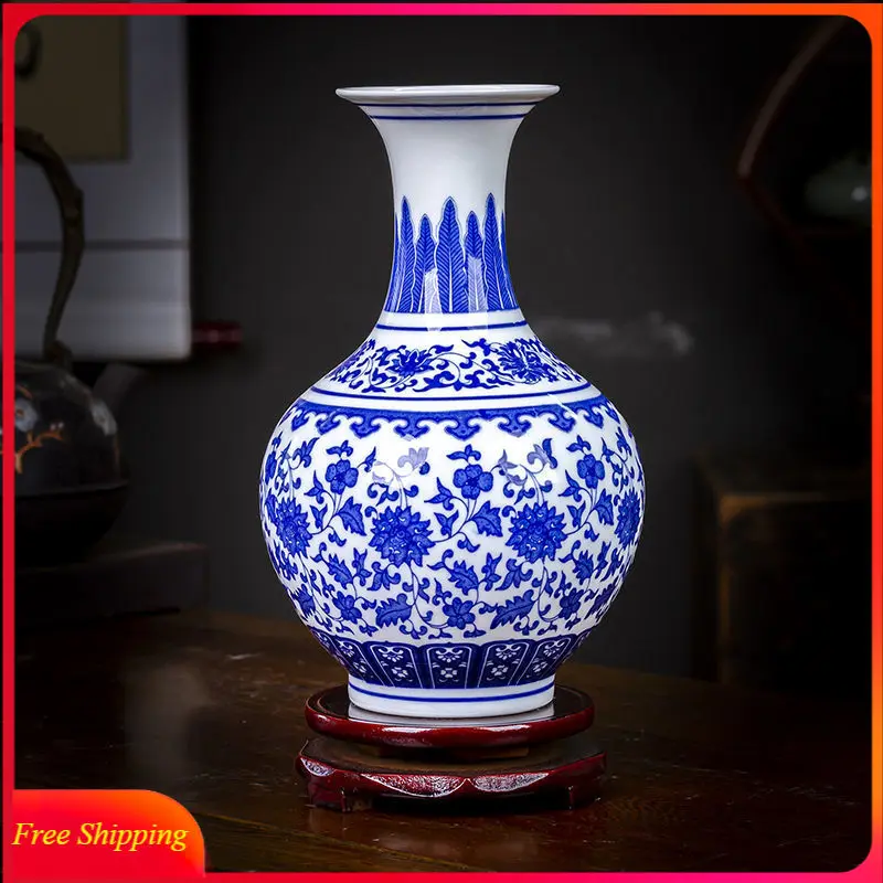 

Jingdezhen Ceramic Antique Blue and White Porcelain Flower Vase Chinese Style Living Room TV Wine Cabinet Handicraft Decoration
