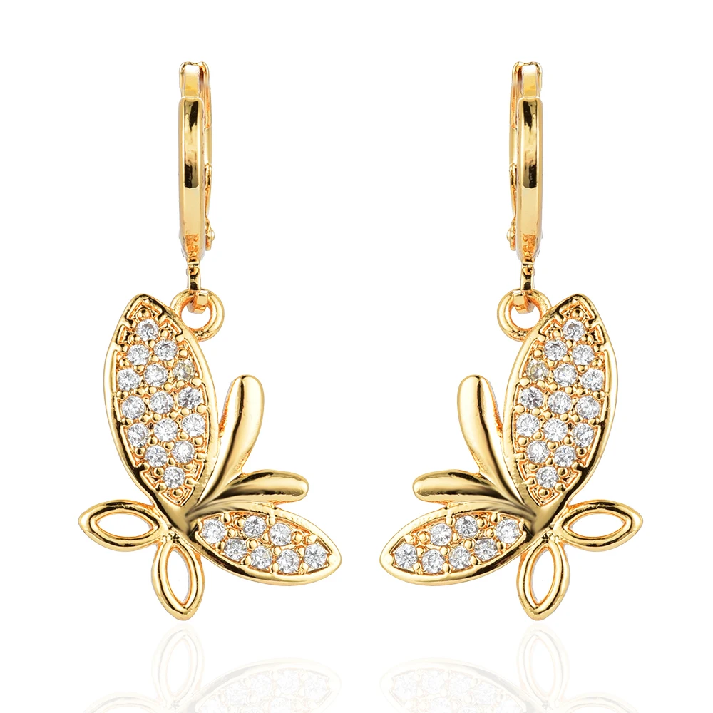 Модные женские серьги подвески с прозрачными фианитами золотого цвета в форме