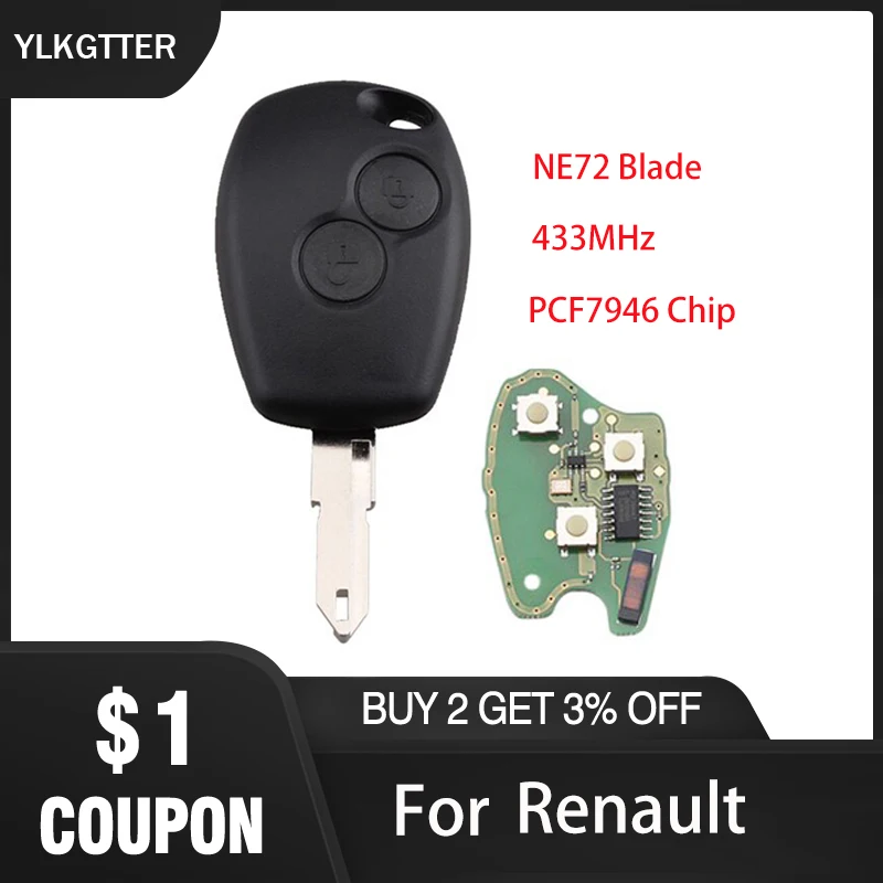 YLKGTTER 2 кнопки 206 дистанционный Автомобильный ключ 433 МГц для Renault Clio Logan Fluence Vivaro Movano