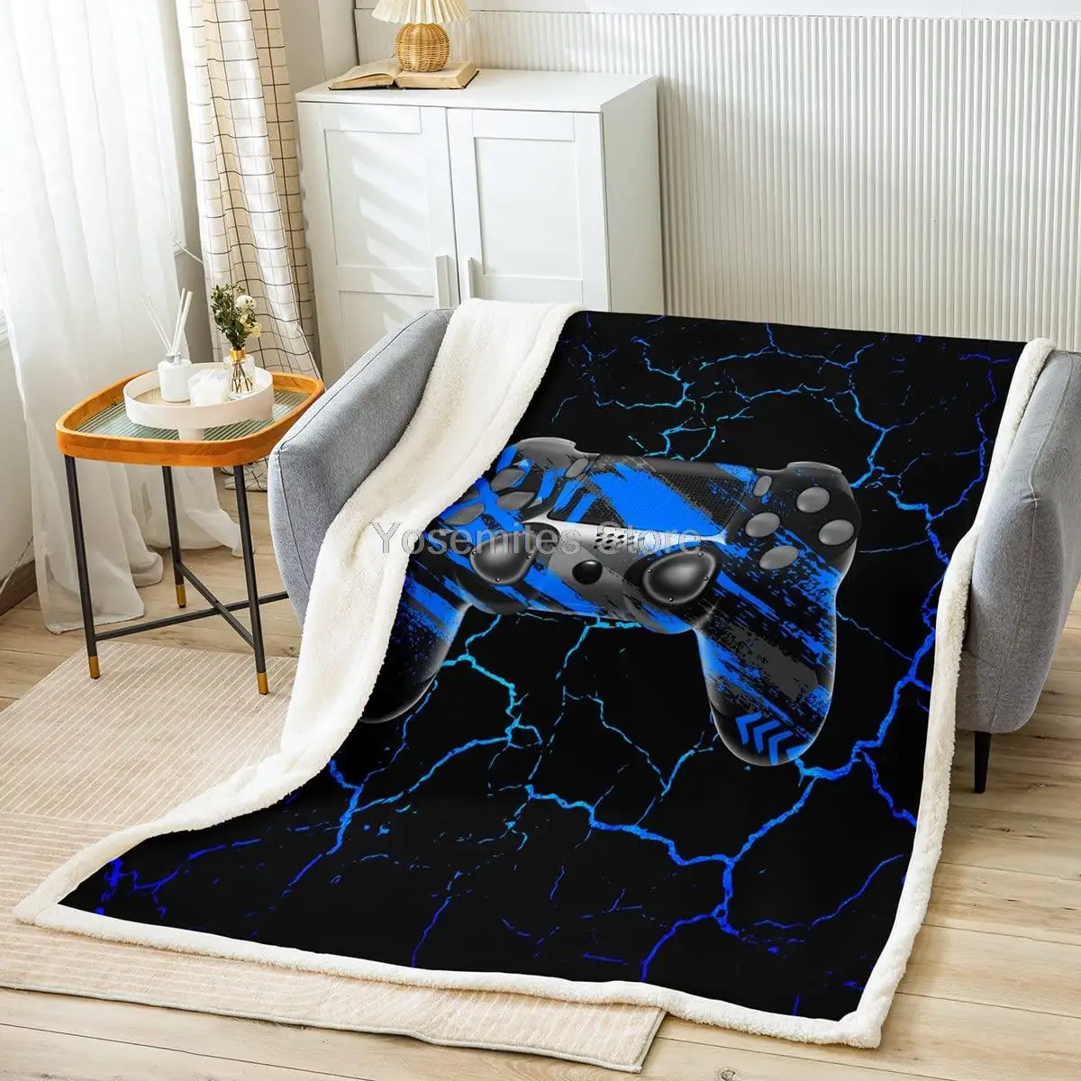 

Castle Fairy Gaming Gamer Flannel Blanket,Blue Lightning Gamepad Fuzzy Blanket for Children Xmas Present,Video Games Theme Soft