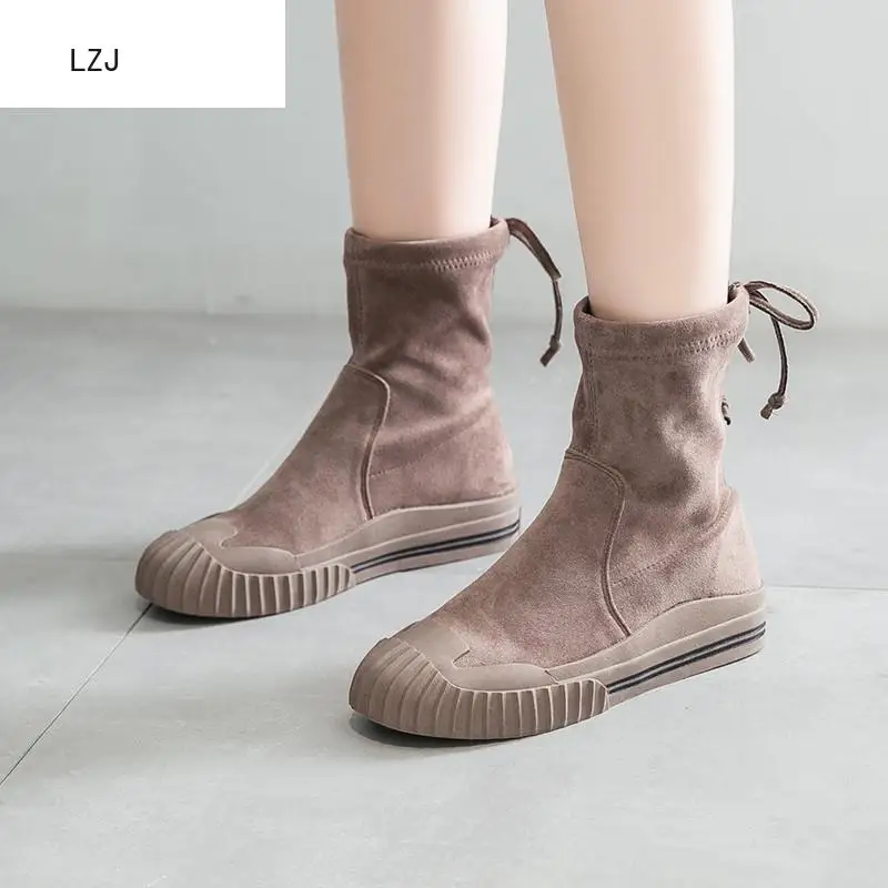 Женские Классические ботильоны из флока черные ботинки-мартинсы на толстом