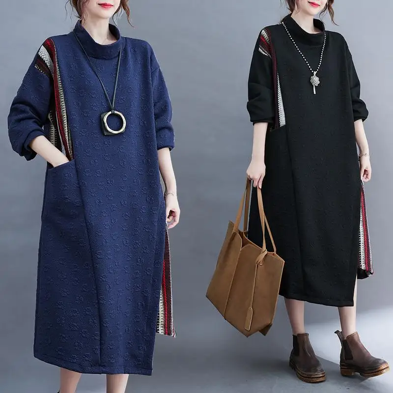 

New cotton MIDI dress with matching color, high collar, loose cover, slim, long sleeve Korean elegant lady dress
