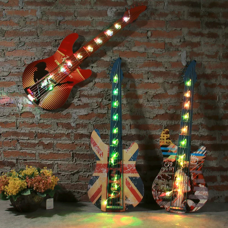

Creative LED Lamp Wrought Iron Guitar Decoration Retro Pendant Bar Mural Guitar Crafts Decoration Vintage Home Industrial Decor