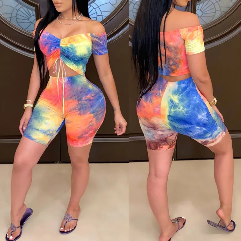 

Gradient Tie Dyeing Print Women Off Shoulder Slash Neck Tracksuit 2PCS Lace-up Short Sleeve Crop Top High Waist Shorts Pants hot