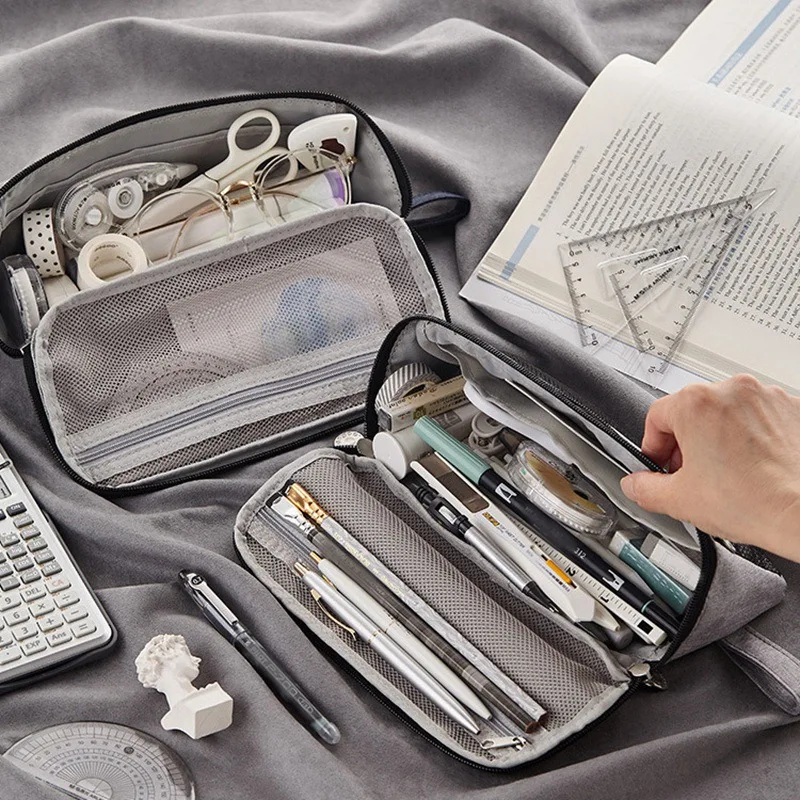

2 Pcs Pencil Case Large Capacity Pen Bag Pouch Marker Pen Case School Supplies for Adult Teens Student, Navy Blue & Gray