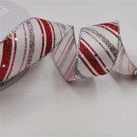 38mm 25yards wired edge ribbon silver red twill stripe for festival christmas decoration new year gift wrapping