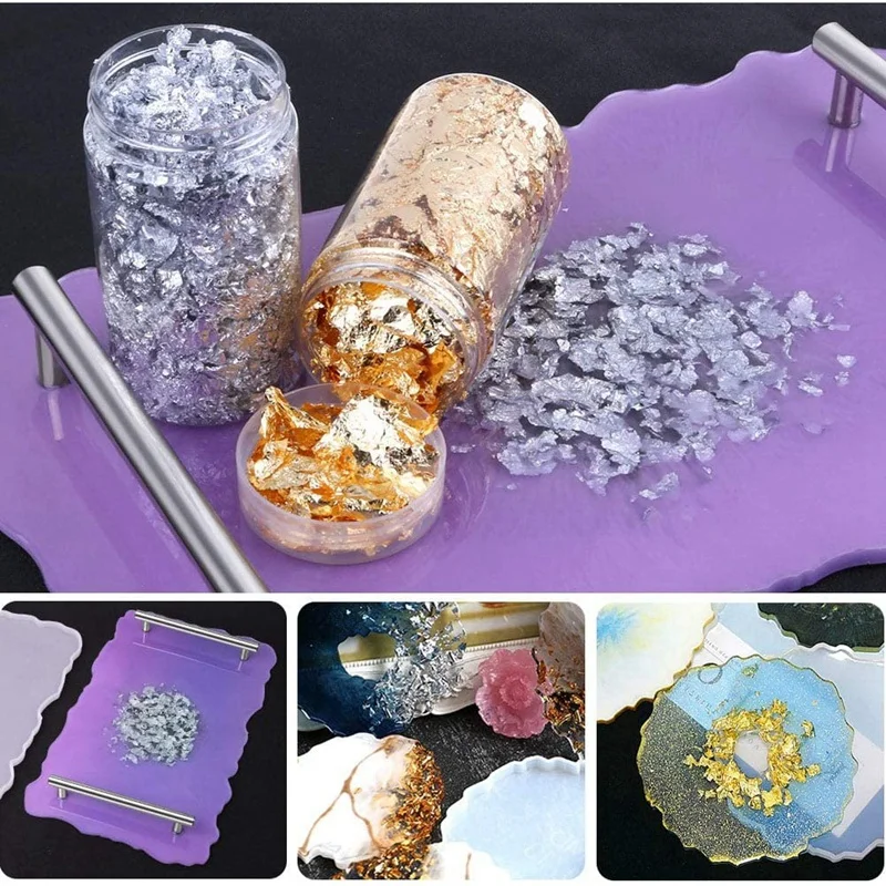 

Silicone Resin Tray Mold,Resin Geometric Tray Mold, with 2 Silver Handles and Golden Flakes,for Resin Casting Tray