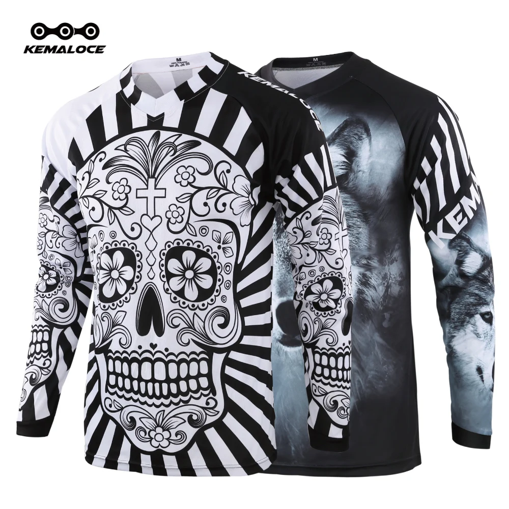 

KEMALOCE Long Sleeve Men Mtb Jersey Quick Dry Sport Motocross Jersey White Skull BMX Bicycle Top Mountain Bike Shirt Uniform