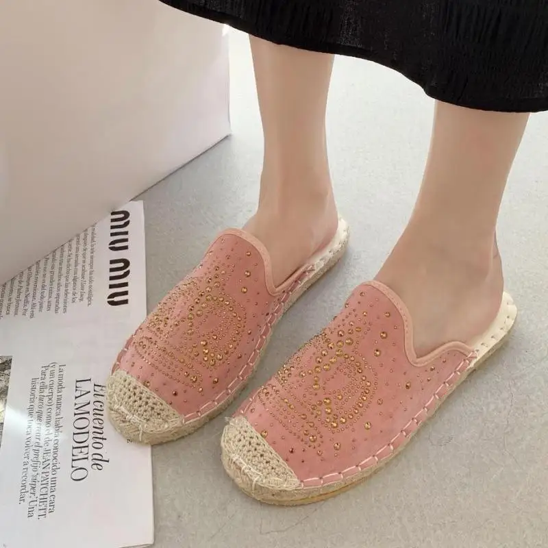 2021 Crystals Shoes Women Half Slippers Summer Pink Flat Heel Ventilation Hemp Round ToeMules Plus Big Size 41 42