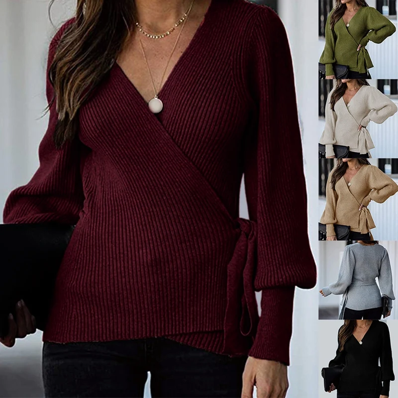 

Элегантный женский сексуальный галстук-пуловер с поясом, свитер с v-образным вырезом и перекрещивающимся запахом, свитер на осень и зиму
