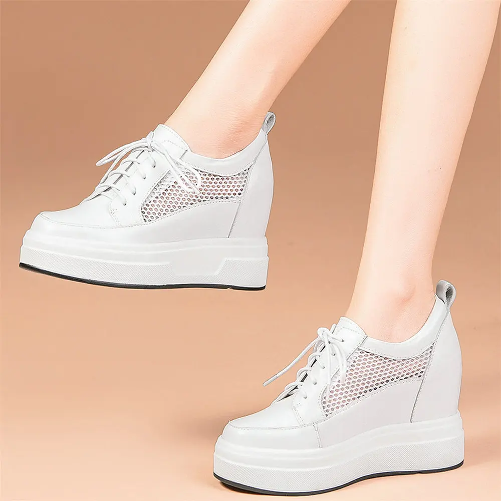 

2021 Casual Shoes Women Lace Up Genuine Leather Wedges High Heel Pumps Shoes Female Breathable Chunky Platform Fashion Sneakers