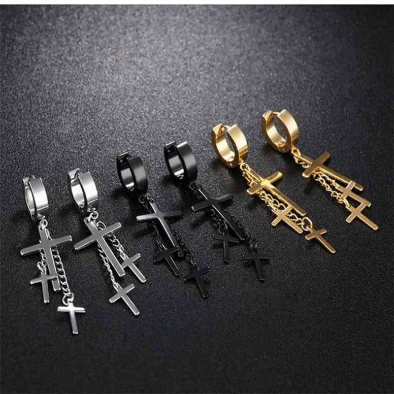 

1 Piece Punk Stainless Steel Stud Earring Men Cross Earring Fashion Tassels Crosses Body Piercing Jewelry Black