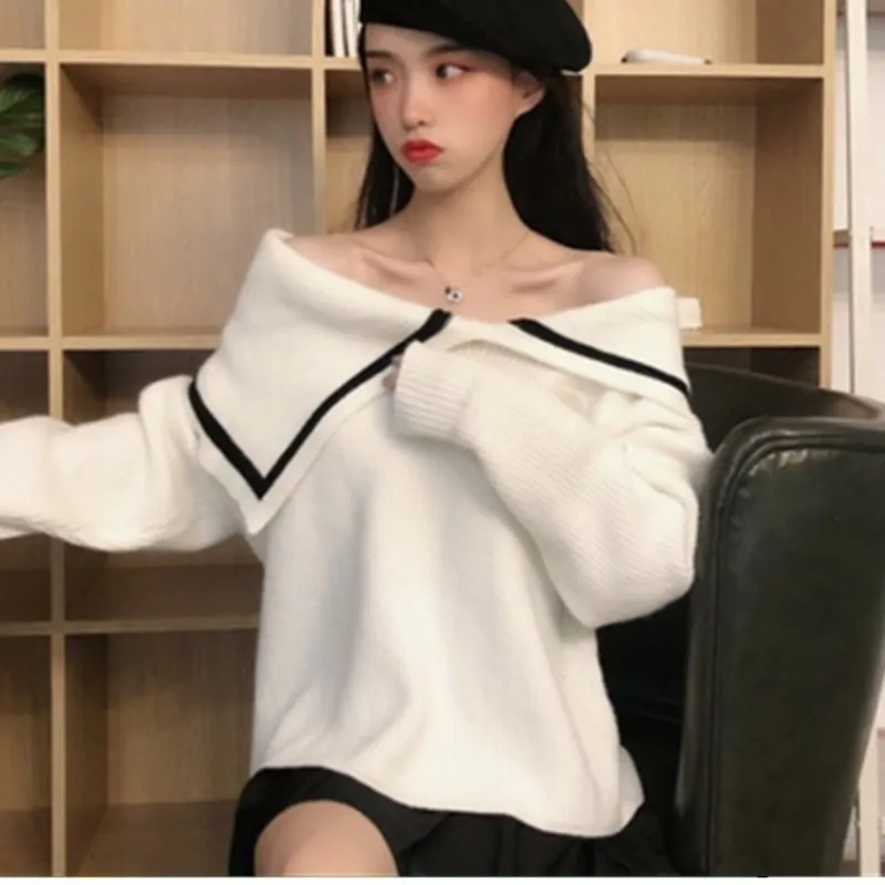 

New Western Style Lapel Long-sleeved Knitted Top Women's Spring And Autumn Loose Fashion All-match Casual Sweater