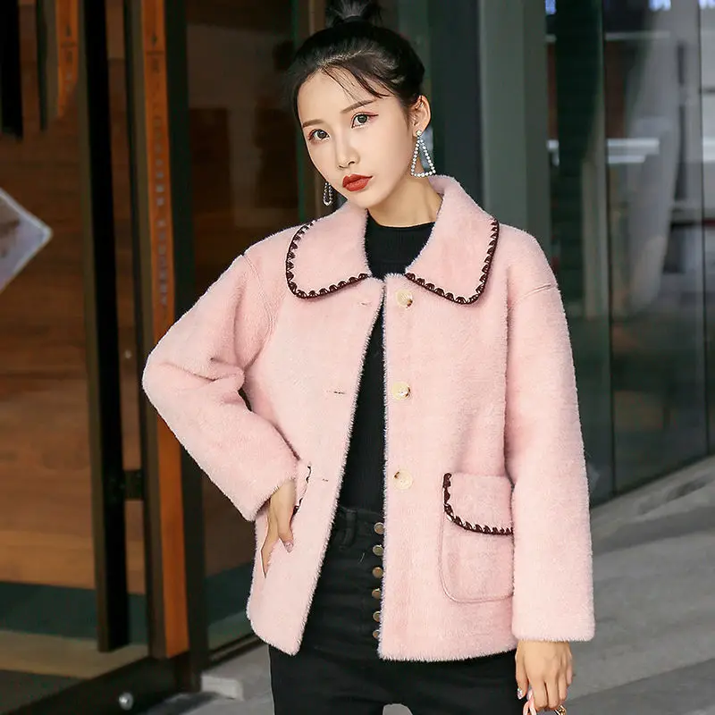 

Женская осенне-зимняя короткая трикотажная куртка с имитацией норки и лацканами, модель R464 в Корейском стиле, 2021