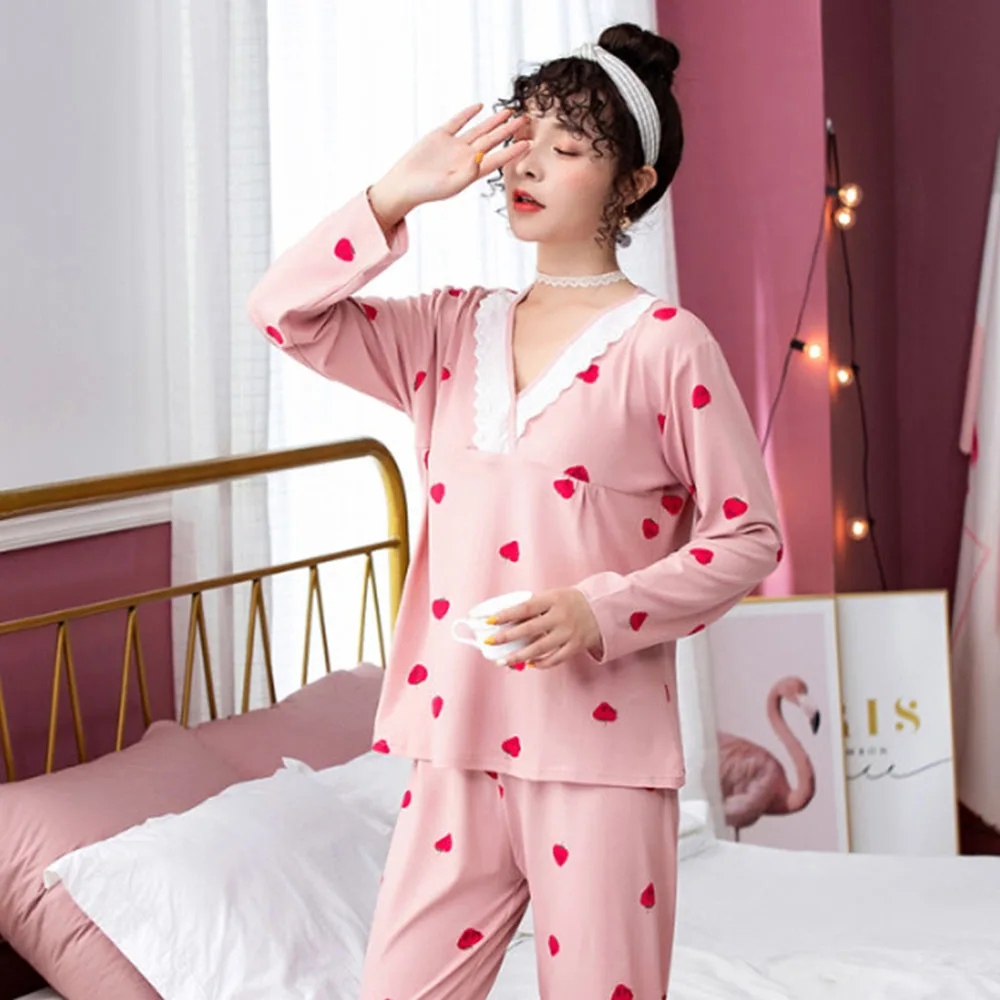 Женские пижамы с длинным рукавом пижама женская V-образным вырезом кружевная