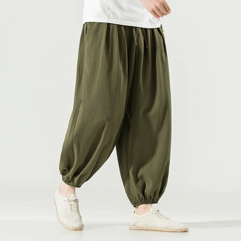 

M-5XL Mens Casual Elastic Waist Linen Ankle Length Wide Leg Baggy Harem Pants Drawstring Waist Streetwear Men Casual Trousers