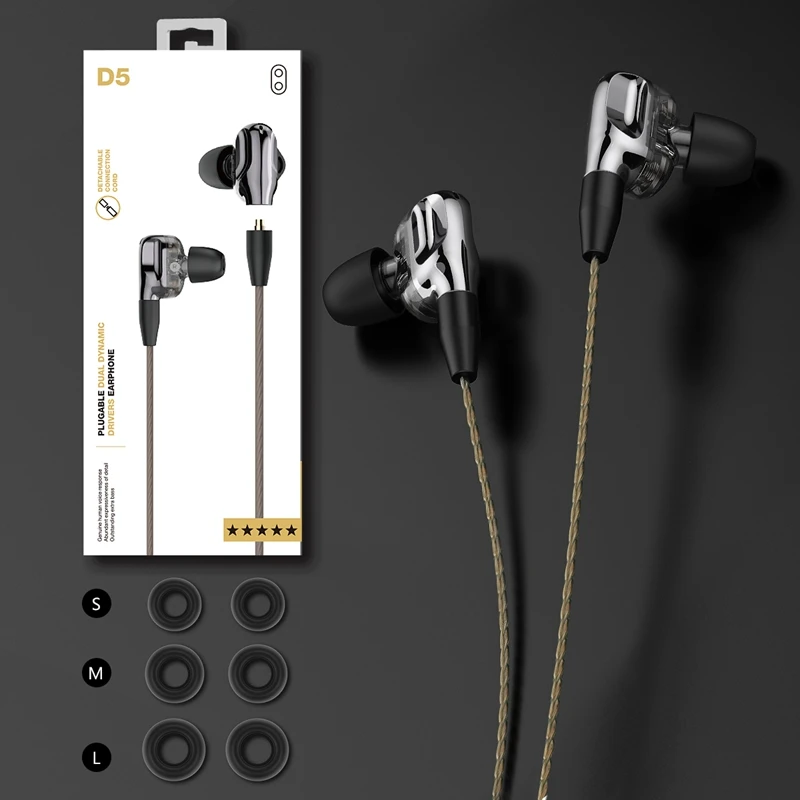 

D5 MMCX Earphone with Microphone 3.5mm Dual Driver Hifi Wired Headphones Headset for phone Xiaomi Huawei Samsung