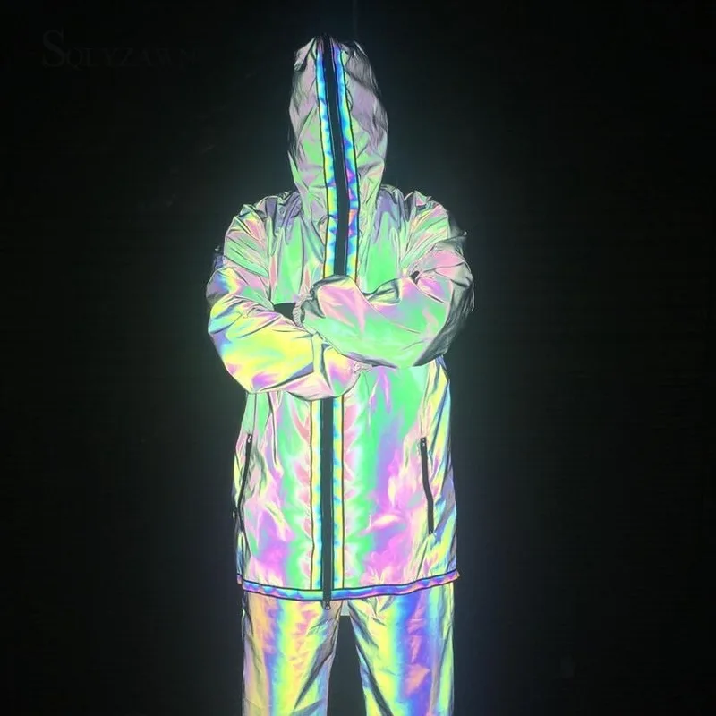 

Men Colorful Reflective Long Trench Jacket Gothic Oversize Hooded Rainbow Coat Fall Winter Christmas Punk Overcoats Plus Size