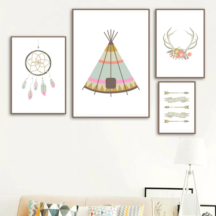 

Tent Feather Antlers Brave Hunter Sword Wall Art Canvas Painting Nordic Posters And Prints Wall Pictures Baby Kids Room Decor