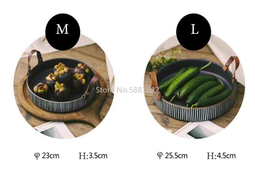 

Exclusive Handmade Ceramic Bowl with Cow Leather Handle Stripe Round Sallow Salad Plate