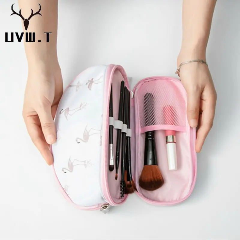 Дорожная двухслойная косметичка с фламинго женская переносная на молнии чехол