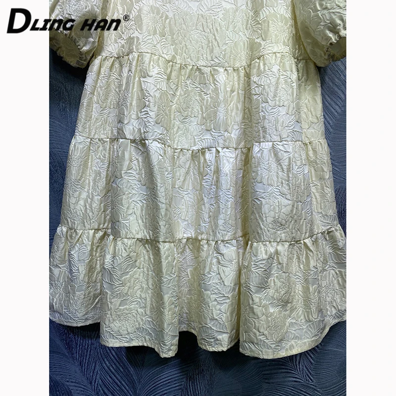 

DLINGHAN Fashion Jacquard Summer Dress Women Square Collar Short Sleeve Mini Dresses Designer New