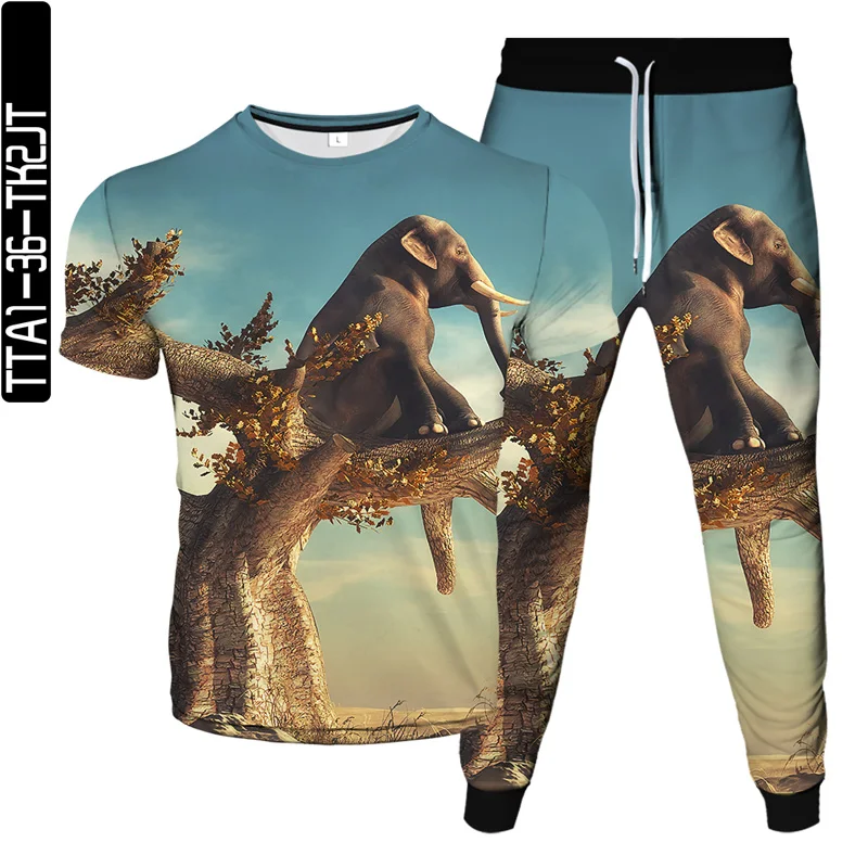 

Summer new brand men's T-shirt + sports pants two-piece 3D printing elephant fashion leisure fitness jogging sportswear