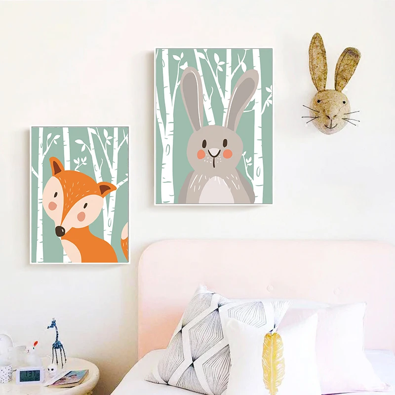 Woodland Forest Cute Animals Canvas Painting Art Print &ampPoster Nursery Wall Picture Kids Baby Room Decor Fox Rabbit Bear Giraffe | Дом и