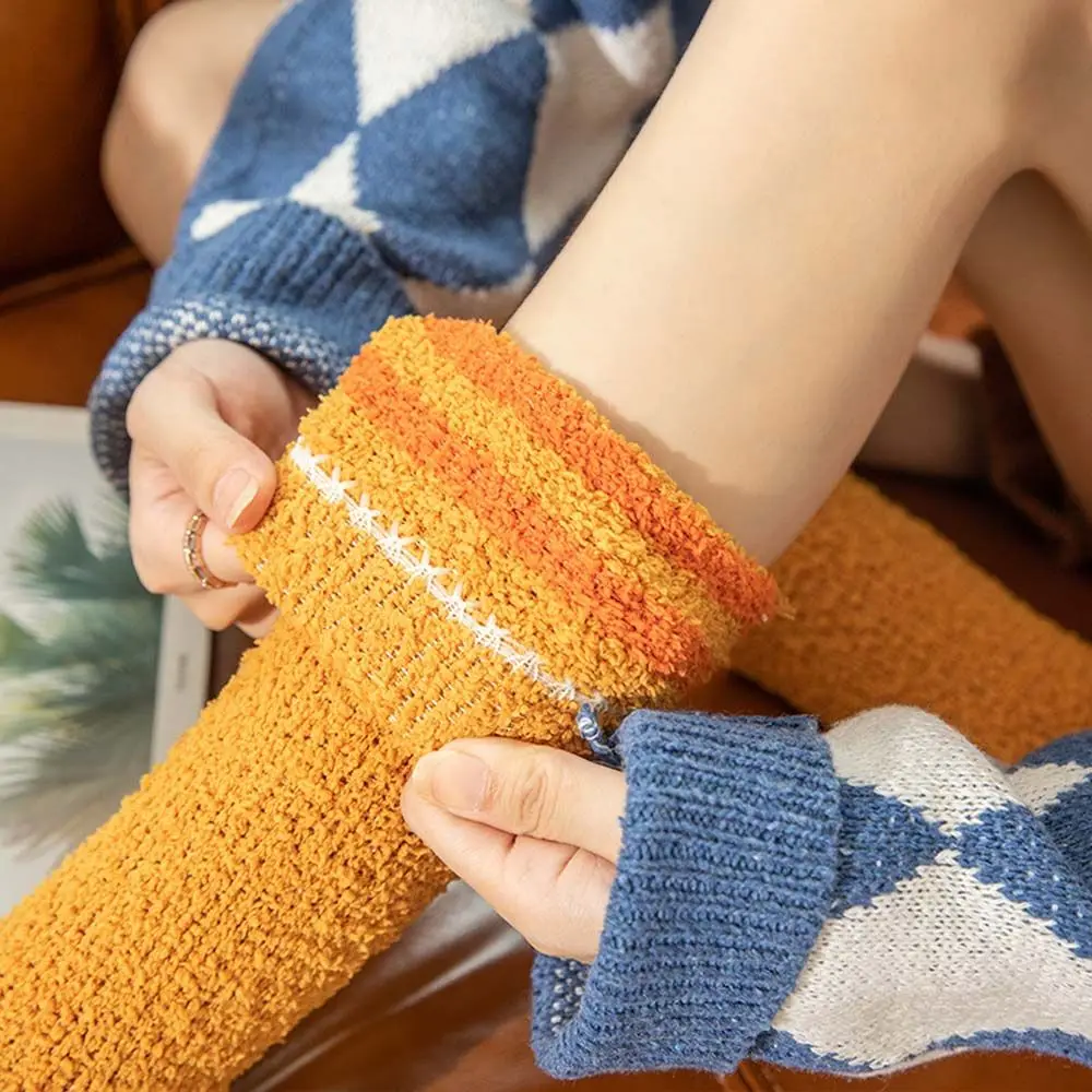 Winter Warm Coral Fleece Long Socks Girls Women Striped Cute Knee High Socks Medias De Mujer Calf Socks