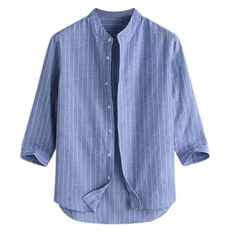 

New Men Shirt Striped Loose Office Top Linen 3/4 Sleeves Stand Collar Single-breasted Cardigan Shirt for Dating Streetwear Tops