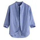 Рубашка мужская в полоску, офисный топ свободного покроя, льняная однобортная рубашка с воротником-стойкой и рукавом 34 для свиданий, уличная одежда
