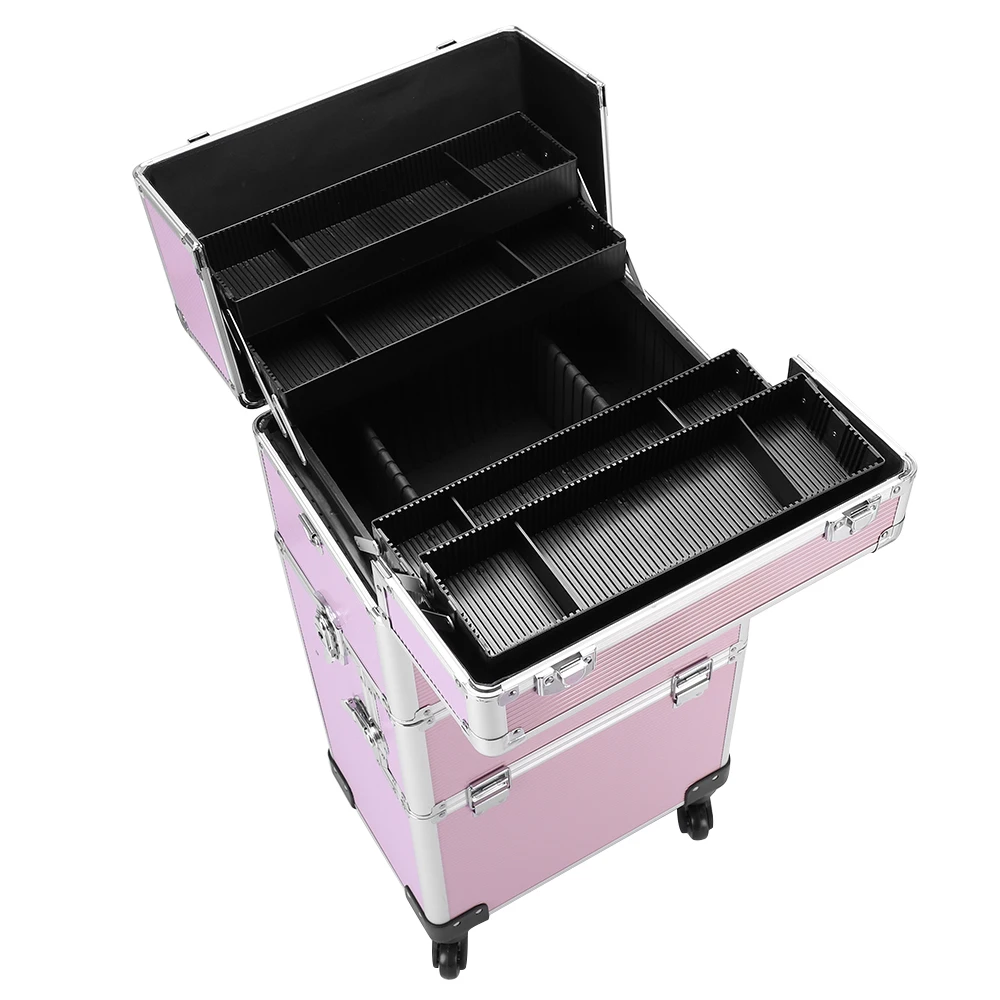 

3-in-1 Aluminum Rolling Makeup Case Big Trolley Organizer Case Extra Large Cosmetic Train Case MPwell