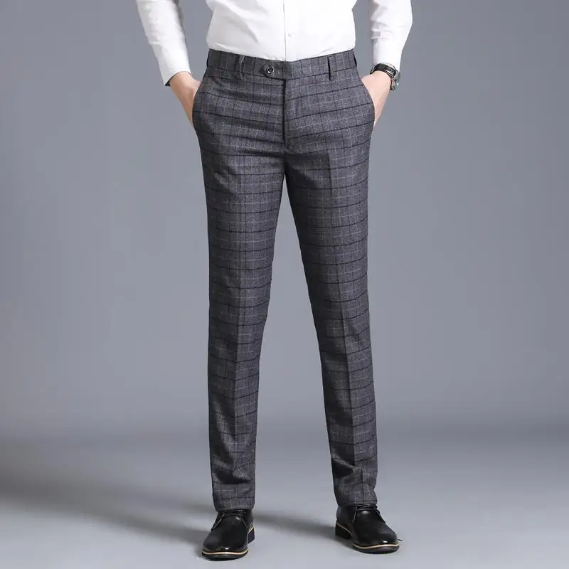 

Zipper Fly Pocket Side Checked Suit Pants Men Fashion Casual Steetwear Business Casual Plaid Pants Formal Office Trousers