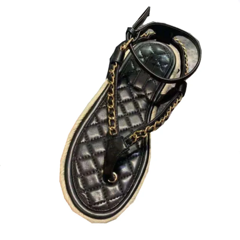 

2021 summer clip toe flat sandals metal chain straw thick soled women's shoes net red